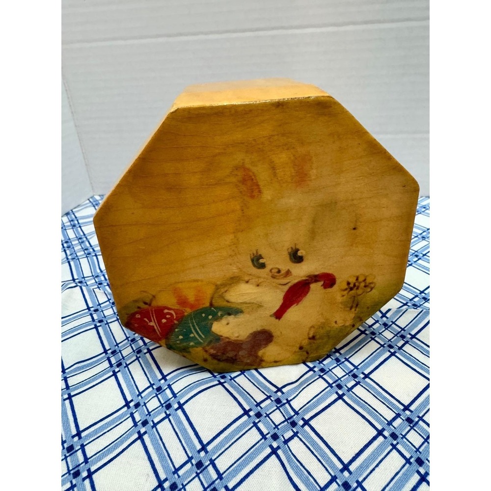 Silk Greenhouse Vintage Octagon Wooden Trinket Box Easter Bunny Pink Whimsical
